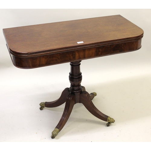 1645 - George III mahogany D-shaped fold over tea table on central turned column with splayed reeded suppor... 