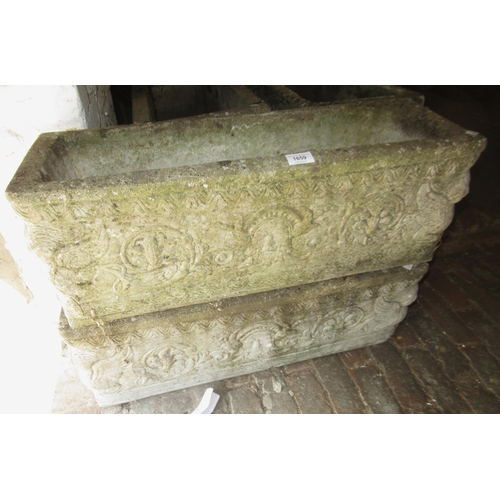 1659 - Pair of small rectangular cast concrete garden planters and a square garden planter by Cotstone