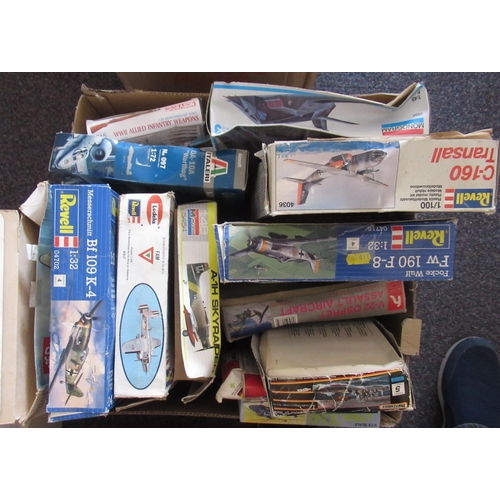 166 - Three boxes containing a large quantity of various model aircraft kits including Airfix, Revell etc.