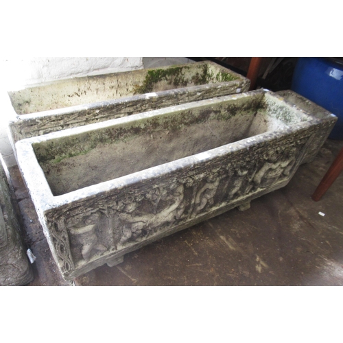 1660 - Pair of large 20th Century weathered cast concrete rectangular garden planters decorated with figure... 