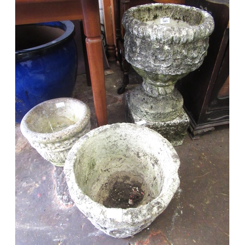 1661 - 20th Century weathered cast concrete circular pedestal garden planter together with two similar and ... 