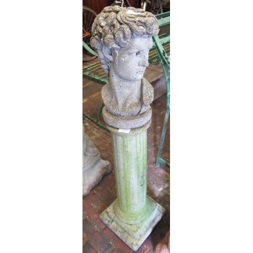 1663 - Weathered cast concrete reeded column on square stepped base with a cast concrete Roman style bust, ... 