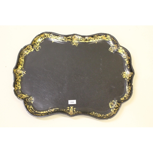 1664 - 19th Century black lacquered papier mache tray with shaped edge and gilded decoration (at fault), 65... 