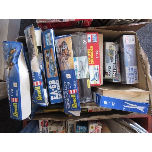 167 - Four boxes containing a large quantity of various unbuilt model aircraft kits including Airfix, Reve... 