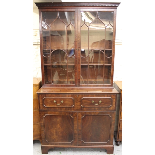 1683 - George III mahogany secretaire bookcase, the moulded cornice above two glazed doors enclosing adjust... 