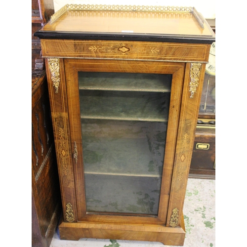 1684 - Victorian walnut marquetry inlaid and ormolu mounted narrow pier cabinet with a galleried top above ... 