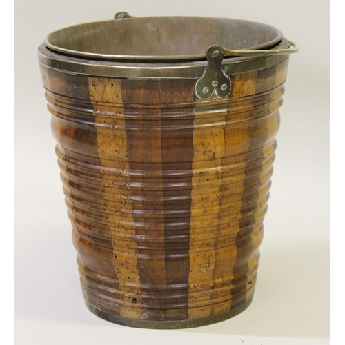 1688 - Antique Dutch fruitwood peat bucket with brass swing handle and top band with brass liner, 33cm tall