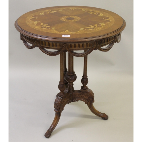 1690 - 20th Century circular pedestal table inlaid with flower, leaf and scroll decoration on column suppor... 