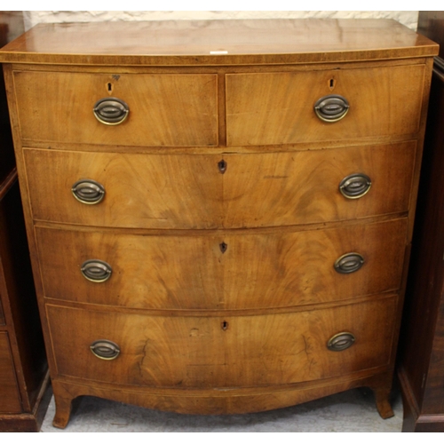 1691 - 19th Century mahogany bow front chest of two short over three long drawers, raised on splayed bracke... 