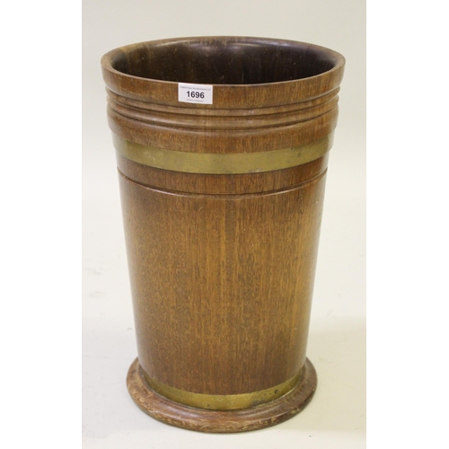 1696 - Oak brass banded jardiniere, 46cm tall