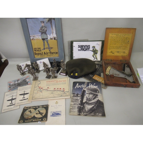 171 - Box containing a large collection of various military related items including three cards of cap bad... 