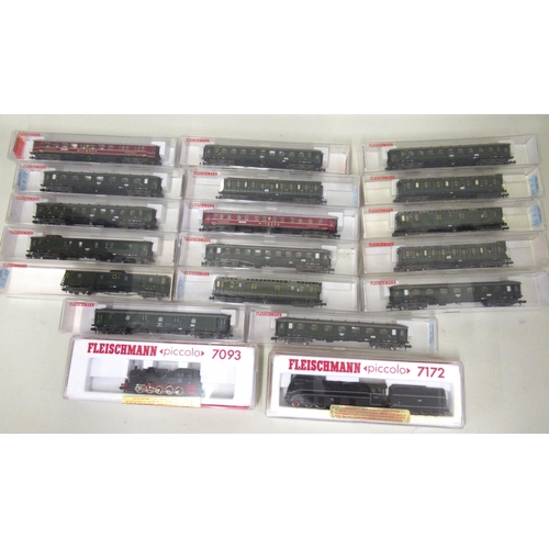 183 - Quantity of Fleischmann Piccolo ' N ' gauge miniature model railway carriages and two locomotives nu... 