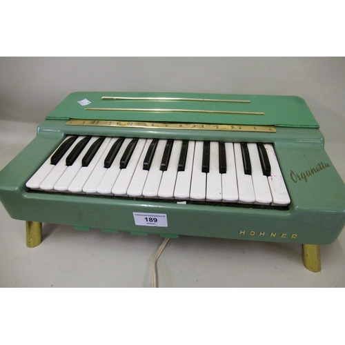 189 - 1950's Hohner Electric Viganetta table organ in peppermint green (for re-wiring), 41cm wide