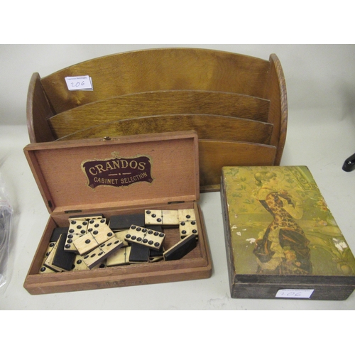 206 - Box containing a quantity of bone and ebony dominoes, a transfer decorated box and a small wooden st... 