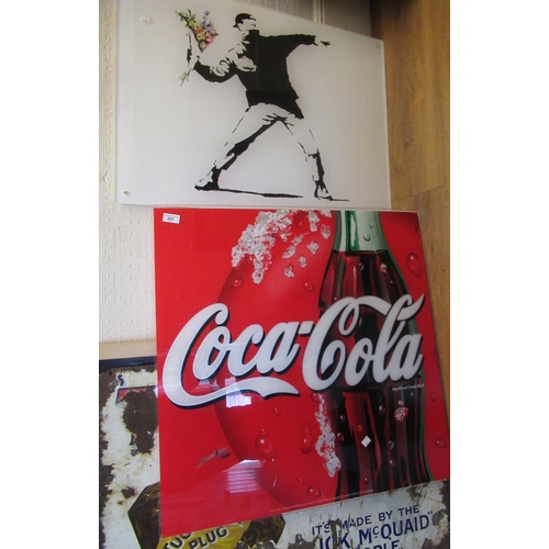 221 - Modern Coca-Cola advertising print on Perspex and another print after Banksy on Perspex