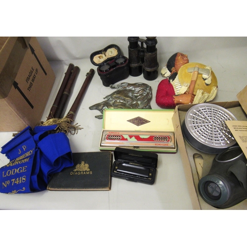 227 - Box containing a miscellaneous quantity of items to include opera glasses, bronze plaque, book of di... 