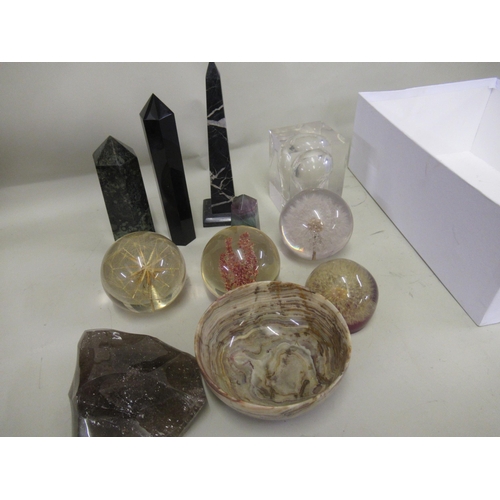 230 - Box containing a group of three polished crystal obelisks, turned stone dish and various acrylic and... 