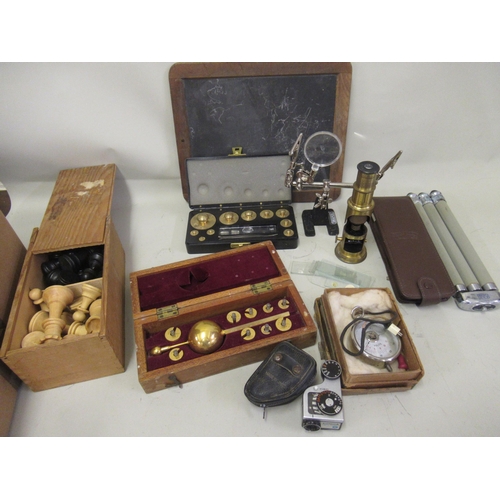 235 - Small box containing a quantity of various items including a hydrometer, chess set, boxed set of wei... 