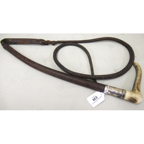 239 - Silver mounted woven leather and horn handled riding crop