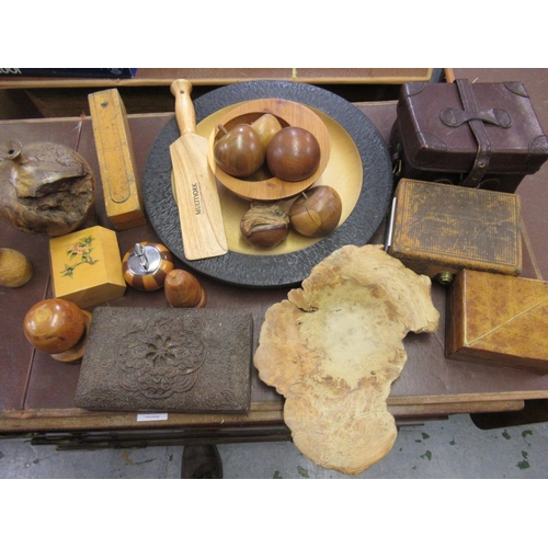 240 - Box containing a quantity of various Treenware including bowls, a box and two leather boxes