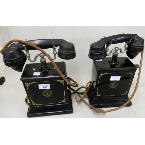 290 - Two early 20th Century wooden and metal cased wind-up telephones with Bakelite handsets and original... 