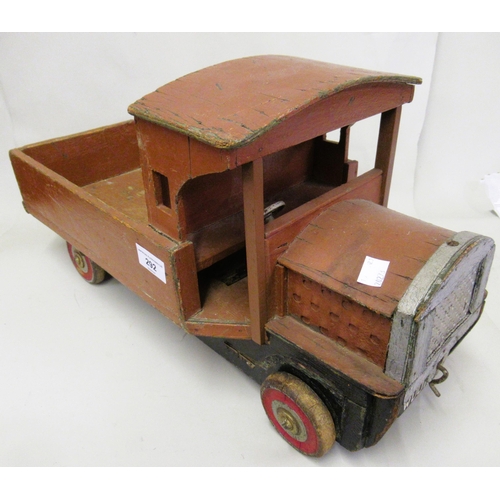 292 - Wooden scratch built mid 20th Century pull-a-long toy lorry, 50cm long approximately