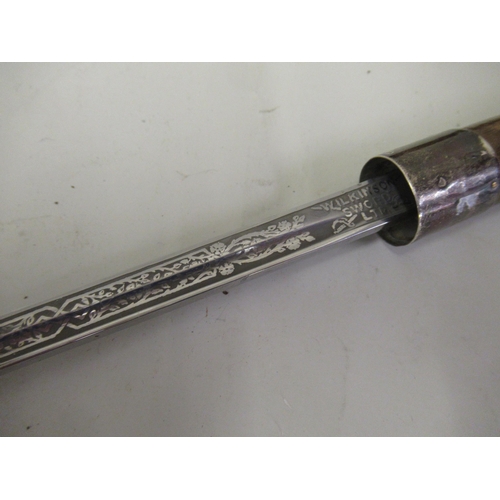 309 - 19th Century silver collared sword stick with etched ' Wilkinson Sword' single fuller blade