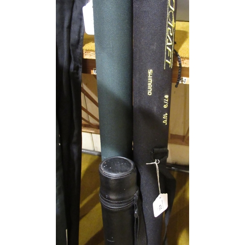 Shimano Biocraft 10ft fly rod with carry case, together with a Ron Thompson MPX salt water fly rod with carry case and an Impulse four piece fly rod with case and a Shakespeare 10ft 6in three piece fly rod with carry case