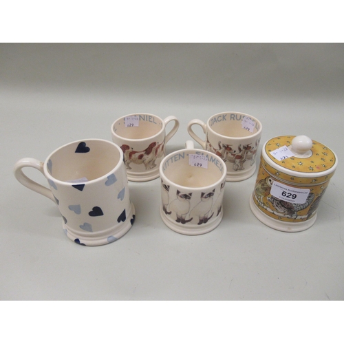 Emma Bridgewater, pot and cover decorated with owls, together with three mugs decorated with kittens and dogs and a heart decorated mug