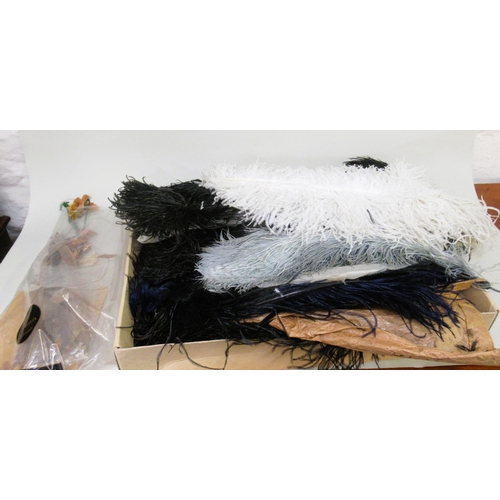 66 - Two boxes containing a quantity of various Victorian dress feathers, a feather fan and a woolwork ba... 