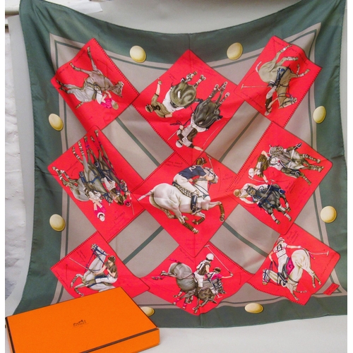 75 - Hermes, Paris, silk scarf ' Le Monde du Polo ' 1988 by Chantal de Crissey, 89cm square, in a Hermes ... 