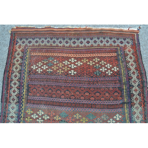 9 - Soumak rug with a banded geometric design in shades of red, blue and cream with borders, 225 x 124cm... 