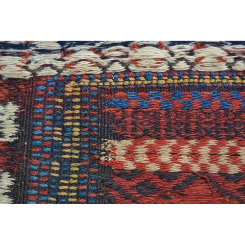 9 - Soumak rug with a banded geometric design in shades of red, blue and cream with borders, 225 x 124cm... 