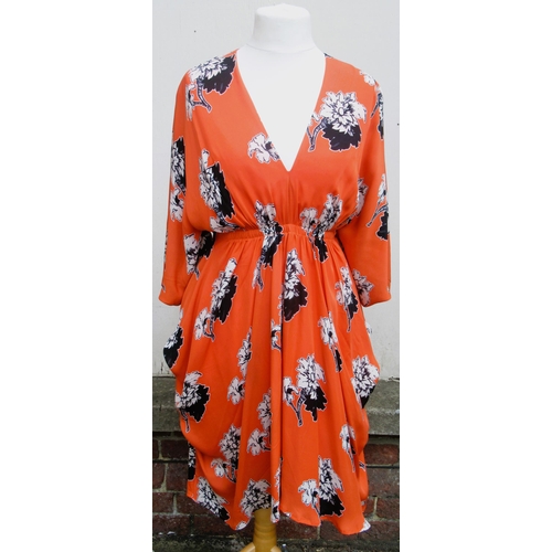 92 - Ladies Issa dress of orange, floral and black and white print design, size S