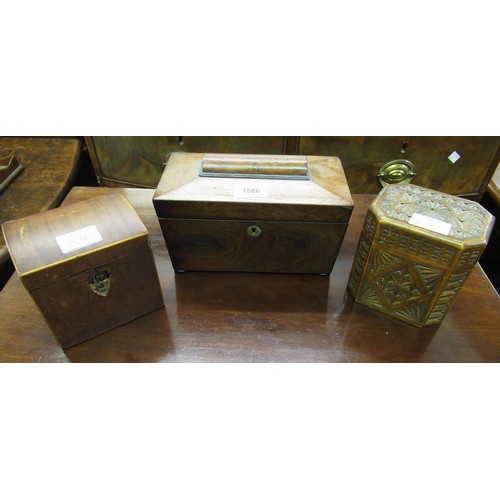 1586 - 19th Century sarcophagus shaped two division tea caddy and two single division tea caddies (at fault... 