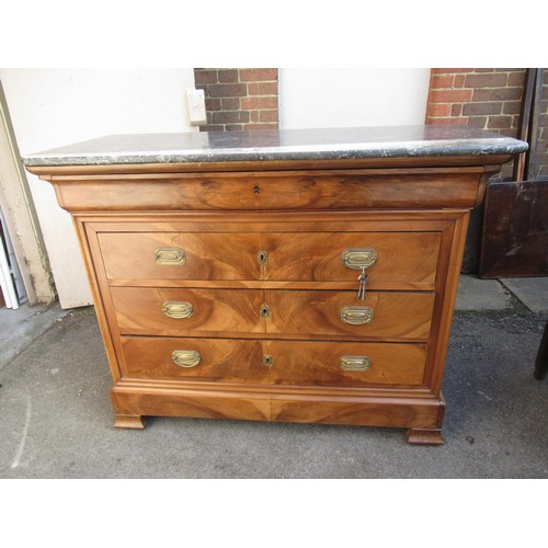 1616C - 19th Century Continental walnut commode, the grey flecked marble top above an ogee drawer and three ... 