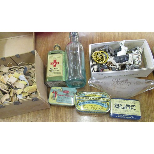 103C - Group of four trade tins including SPG, Allen & Hanburys Ltd., together with two glass chemist bottl... 