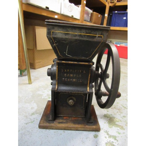 258 - Black painted and gilt decorated cast iron Bartlett's sample tea / mill with drawer, 44cm high