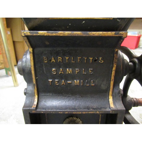 258 - Black painted and gilt decorated cast iron Bartlett's sample tea / mill with drawer, 44cm high