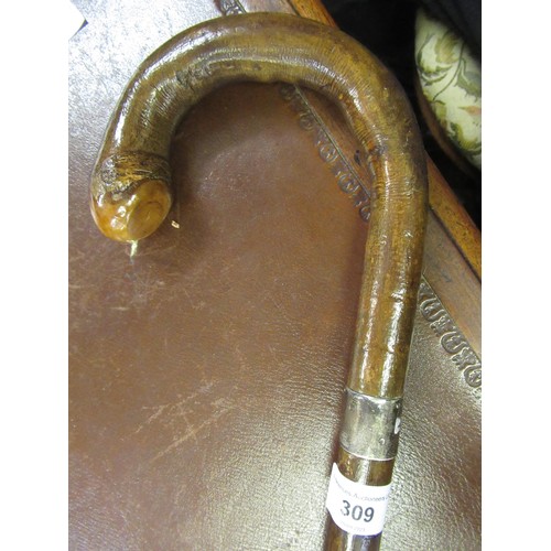 309 - 19th Century silver collared sword stick with etched ' Wilkinson Sword' single fuller blade