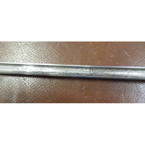 309 - 19th Century silver collared sword stick with etched ' Wilkinson Sword' single fuller blade