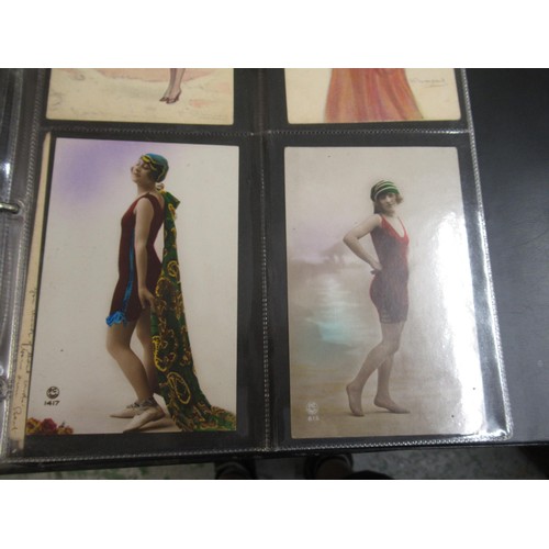 351 - Black folder containing a large collection of various early and later 20th Century postcards of ladi... 