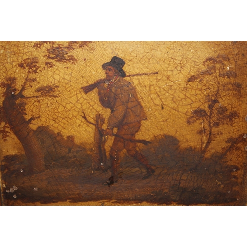 19th Century Continental school oil on metal, a huntsman with game in a landscape, 18 x 23cm approximately, oak framed