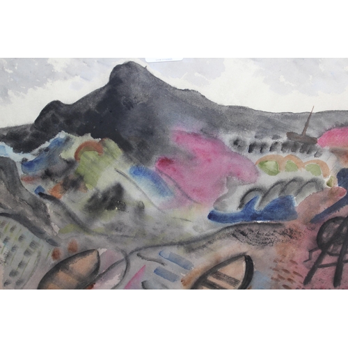 Modern British school, ink and watercolour, coastal landscape with beached boats and winch, signed Hodgkins, 34 x 44cm