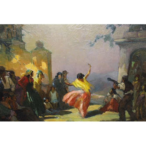 Oil on canvas, figures gathered around a gypsy dancer, indistinctly signed top left, 46 x 55cm