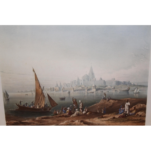 Pair of hand coloured engravings by R.G. Reeve, after Purser, after sketches by Captain Grindlay, ' Morning View from Calliann, near Bombay ' and ' The Sacred Town and Temples of Dwarkal '
