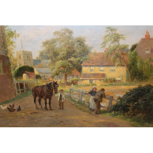Claude Cardon, oil on canvas ' The Old Mill Pond ', village scene with figures and a horse to the foreground, cottages and a church beyond, signed and indistinctly dated 35.5 x 49.5cm, in a swept gilt frame