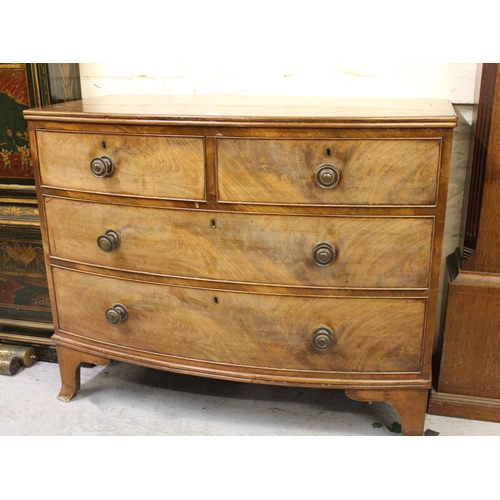 19th Century mahogany bow front chest of two short and two long drawers with brass knob handles, on splay bracket feet, 107cm wide