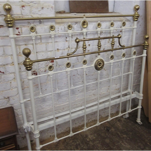 1593 - Victorian white painted wrought iron and brass double bedstead, 135cm wide