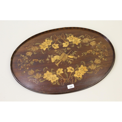 1597 - 19th Century marquetry inlaid oval galleried tray, 65cm wide